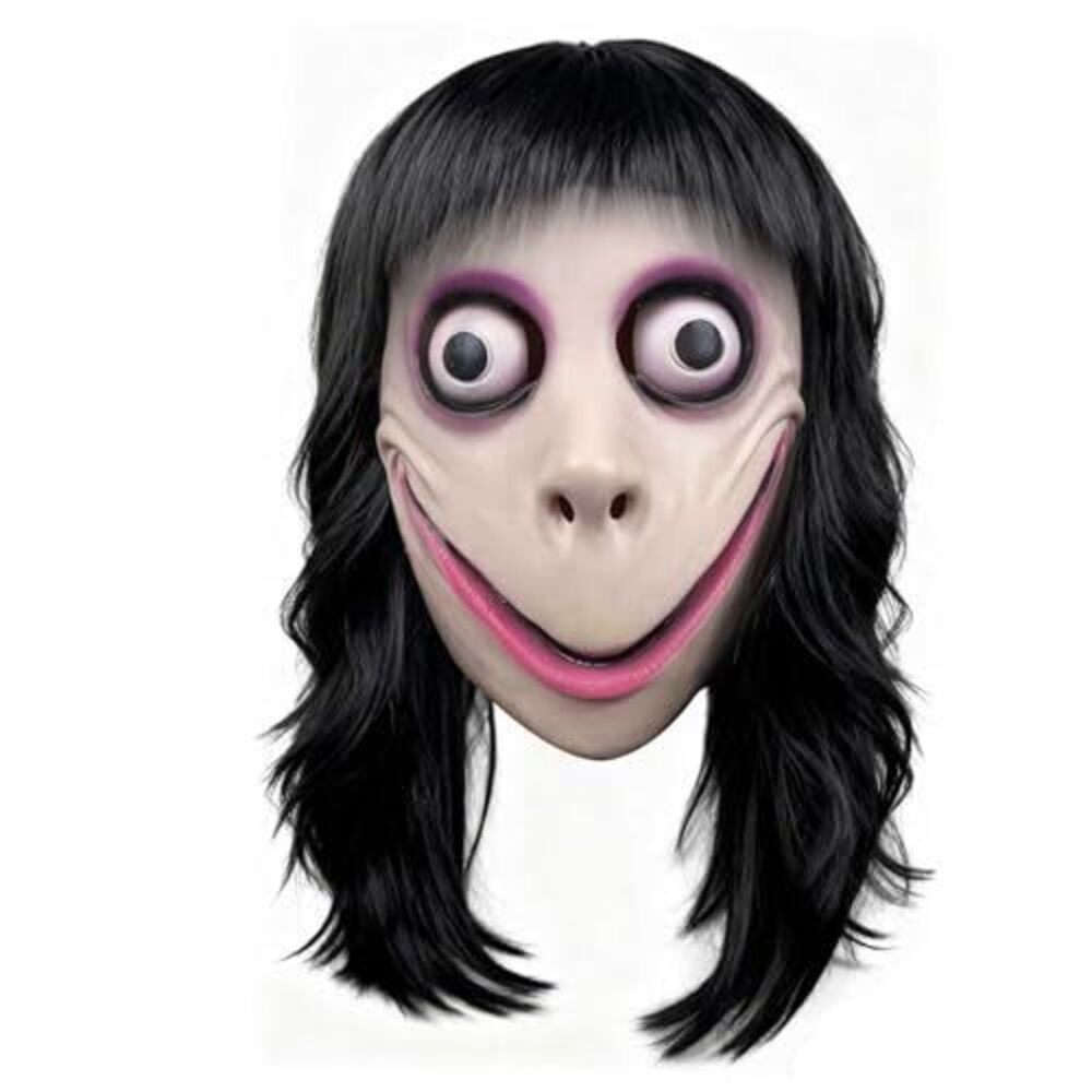 3381 MOMO Mask with Long Wig, Scary Head Mask with Black Hair, Halloween